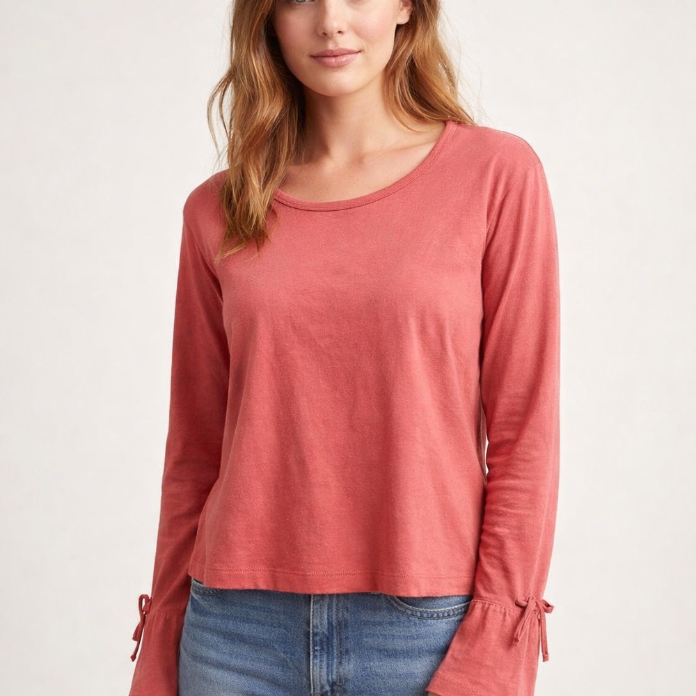 Pink Coral Long Sleeve Cotton Flare Tie Arm Top Large